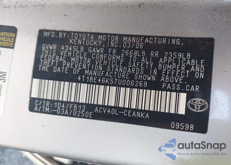 2007 Toyota Camry Ce из США, поврежденный, VIN 4T1BE46K57U006269